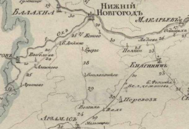 Карта Нижегородской губернии с почтовыми трактами 1725